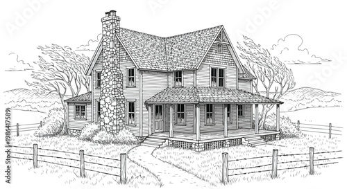 Rustic log cabin house with porch sketch
