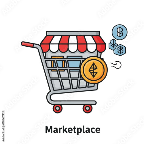 Shopping cart with cryptocurrency symbols and marketplace text.