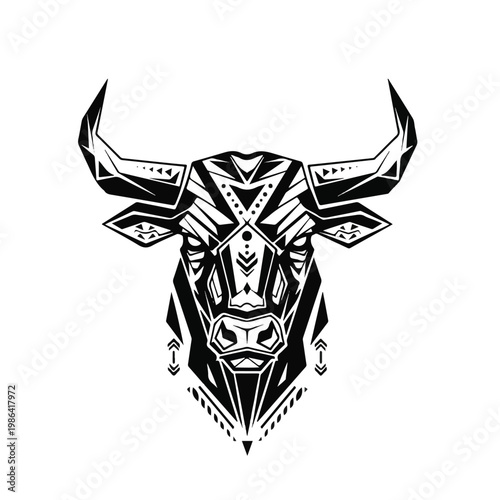 Stylized Geometric Bull Head Tribal Design.