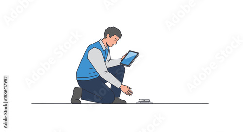 Technician Installing Smart Home Sensor and Using Tablet for Diagnostic Inspection Vector Illustration