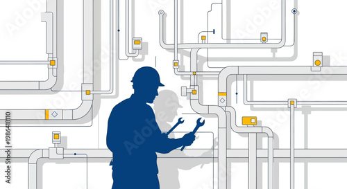 Industrial Plumber Technician Silhouettes Working on Complex Pipeline System, Maintenance and Infrastructure Concept Illustration