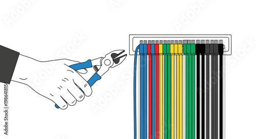 Hand Cutting Network Cables with Pliers Vector Illustration - Sabotage and Disconnection Concept
