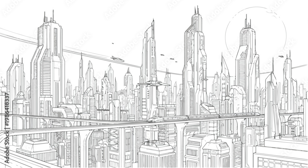 Obraz premium Detailed city skyline skyscraper cluster sketch