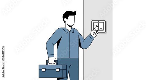 Professional Electrician or Technician with Toolbox Installing or Repairing a Smart Home Control Panel or Light Switch, Flat Vector Style Illustration