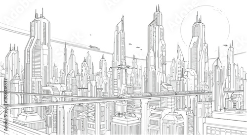 Detailed city skyline skyscraper cluster sketch