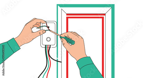 Electrician Hands Installing or Repairing Light Switch with Screwdriver and Electrical Wires Vector Illustration