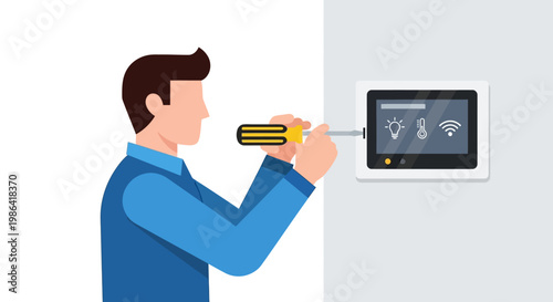 Professional Technician Installing Smart Home Control Panel on Wall Vector Illustration