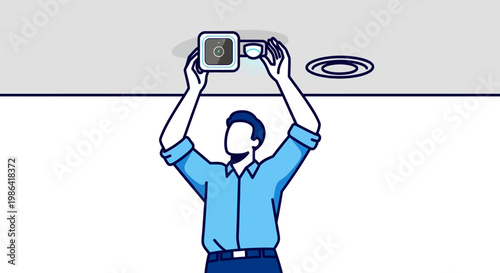 Professional Technician Installing Smart Home Security Camera and Sensor on Ceiling, Home Automation and Surveillance System Setup Illustration