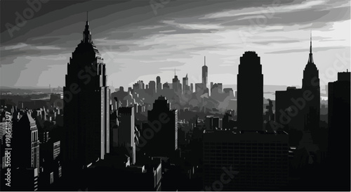 Dark city skyline silhouette with skyscrapers