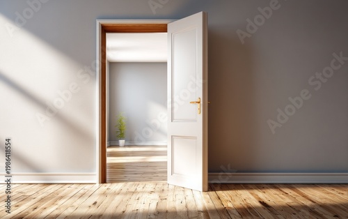 Open Door in Bright Room with Natural Light and Wooden Floor