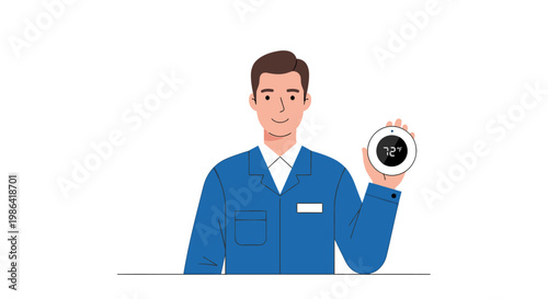 HVAC Technician in Blue Uniform Showing Digital Smart Thermostat for Home Climate Control and Energy Efficiency Vector