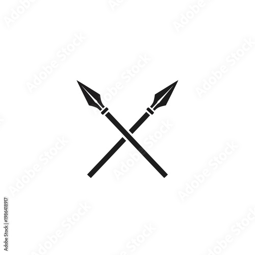 Dynamic minimalist crossed spears icon, a bold black silhouette representing ancient weaponry, battle, strength, and traditional combat on a pristine white canvas