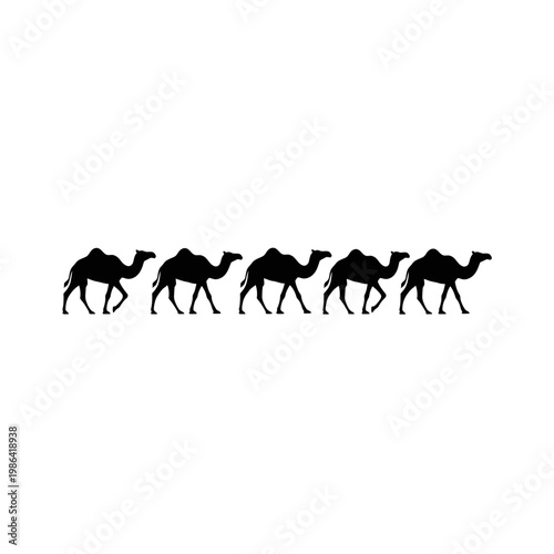 Silhouette of a caravan of camels walking in a line across a white background, representing travel and desert journeys