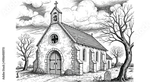 Sketch of village chapel on landscape