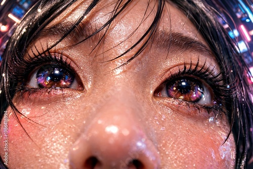 Extreme close-up portrait of glossy glitter-dusted eyes and dewy, tear-sparkled skin highlighting long eyelashes, vivid neon reflections and colorful bokeh mirrored in the irises