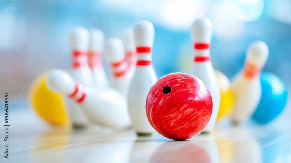 Naklejka premium Red Bowling Ball Positioned on Smooth Surface Ready to Strike Down Pins
