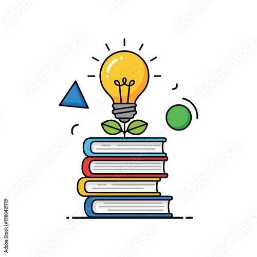 Stack of Books with Light Bulb Plant