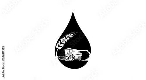 Black Oil Drop with Wheat and Tractor — Agriculture and Energy Industry Icon