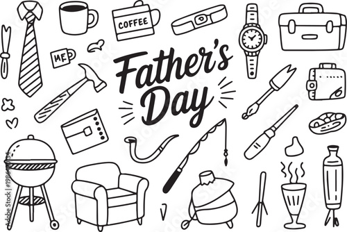 Fathers day celebration items icons for greeting cards and posters.