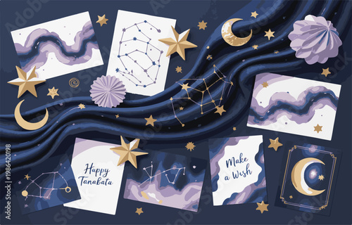 Tanabata star festival illustration with cosmic nebula and wishes.