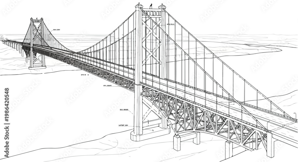 Fototapeta premium Perspective sketch of modern suspension bridge