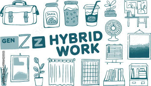 hybrid work concept with laptop bag, snacks, drinks, fan, and book shelf.