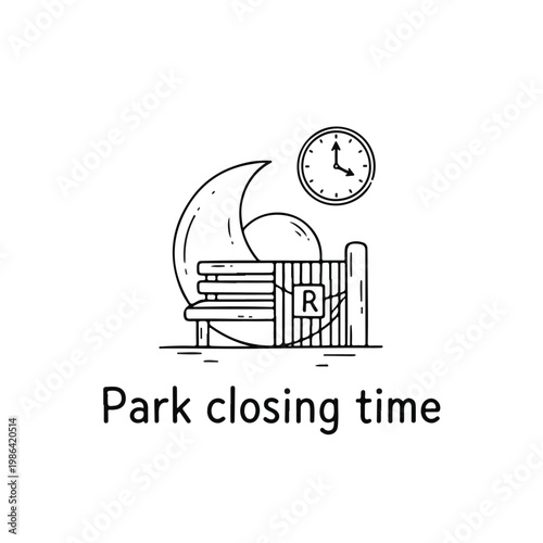 Park Closing Time Sign with Bench Moon and Clock