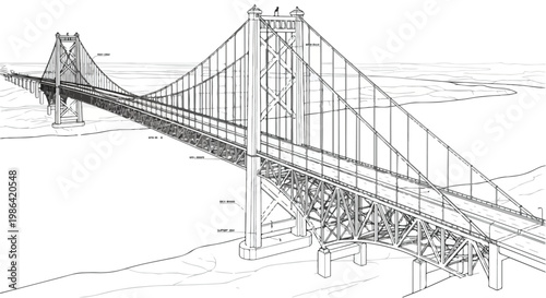 Perspective sketch of modern suspension bridge