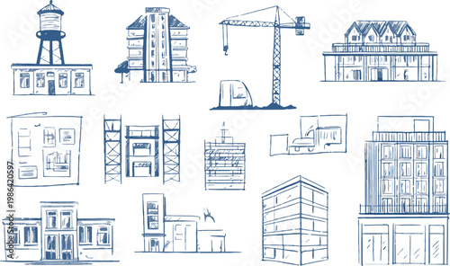 Modern and historical building structures and construction crane.