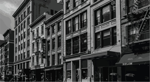 Perspective view of city street buildings photo