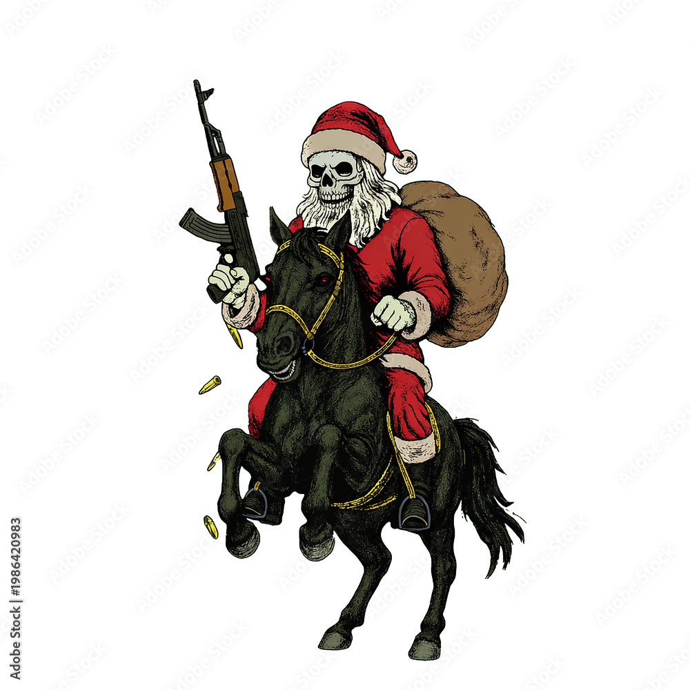 Obraz premium Dark skeleton santa riding black horse holding rifle illustration