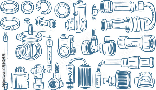 Industrial plumbing components and engineering hardware sketches set.