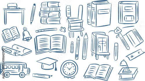 School education supplies and classroom learning environment sketches.