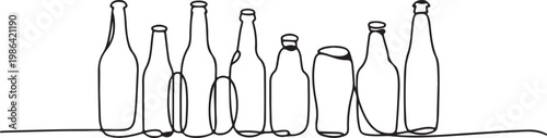 Continuous line art of different bottle shapes used for various liquids.
