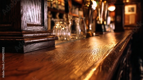 tavern. Detailed view of a classic bar counter with wood texture and ambient glow in a pub setting. bar promotions, beverage menus, designed for food & beverage menus and cafe branding.