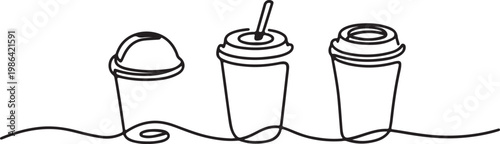 Continuous line drawing of cups for refreshing drinks and beverages.