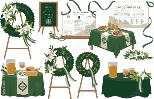 Memorial day celebration kit with wreaths and table setting elements.