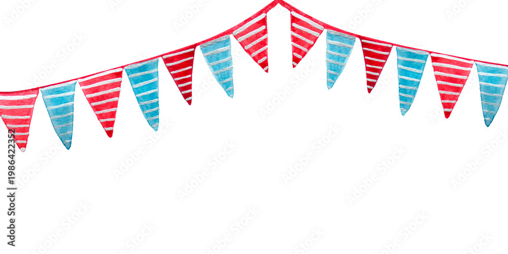 Obraz premium Watercolor Bunting Flags Garland in Red and Blue Isolated on White for birthday invitations, party decorations, greeting cards, banners, kids design, festive posters, and celebration templates. 