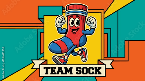 Cartoon sock character flexing muscles and running on yellow backdrop with retro graphic design elements and 