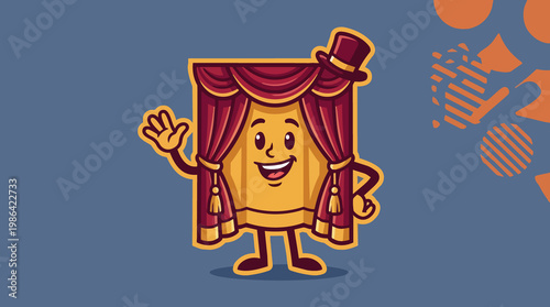 Cartoon stage curtain character with hat waving hello in cheerful design animated mascot of theater show illustration