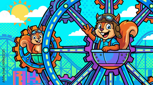 Cartoon squirrel pilot waving from Ferris wheel ride in amusement park illustration with colorful gears and sunny sky for kids and family fun