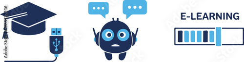 E-learning icons, education symbols, online course graphics, digital learning illustrations