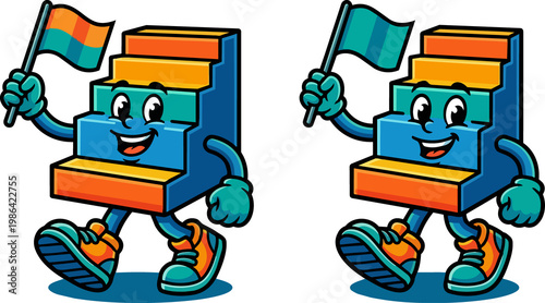Cartoon stair character triumphantly marching with a flag in each hand featuring vibrant blue and orange colors against a clean white backdrop