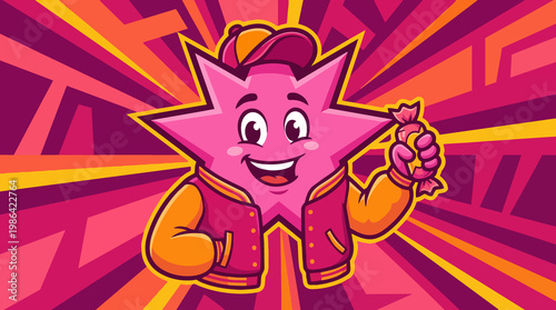 Cartoon star character in varsity jacket holding wrapped candy with retro burst background pattern in shades of pink and orange