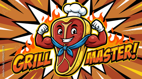 Cartoon steak character flexing with grill master text on burst background and flames showcasing grilling enthusiasm and cartoon mascot design