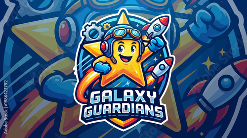 Cartoon star character wearing pilot helmet surrounded by rockets and gear in a galaxy guardian emblem-style illustration