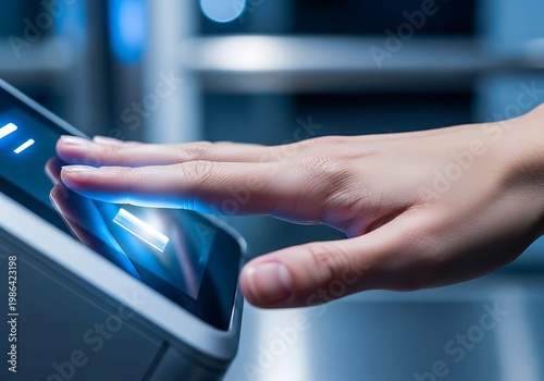 Close Up Hand Touching Biometric Card Reader in Modern Access Gate
