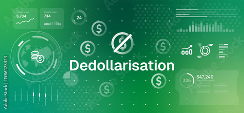 Dedollarisation concept illustration financial data dashboard elements and currency symbols representing global shift away from United States dollar in international trade economic change global