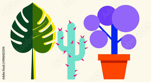 Stylized Botanical Illustration of Monstera, Cactus, and Potted Plant on Beige Background