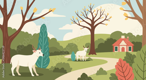 Goats in a rural landscape with trees.